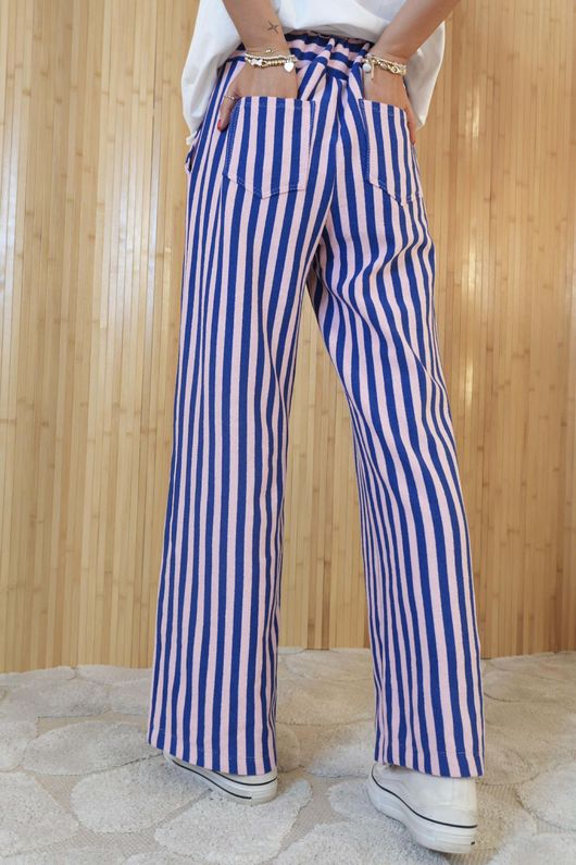 Shoreditch Stripe Lounge Flare Trouser Navy & Sweetpea /14=